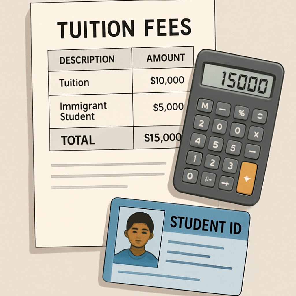 A tuition fee breakdown document with a calculator and ID card, symbolizing the financial burden on immigrant students.