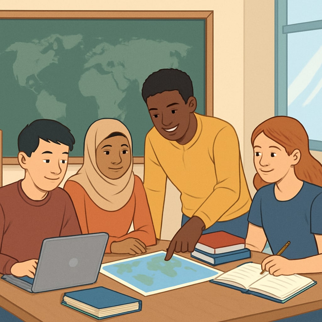 International students working together in a classroom, highlighting cultural exchange and global learning.