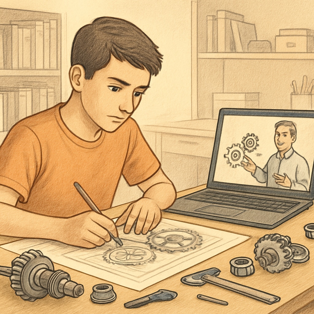 A student working on a mechanical engineering project while attending an online class on a laptop. Mechanical engineering student multitasking with an online degree.