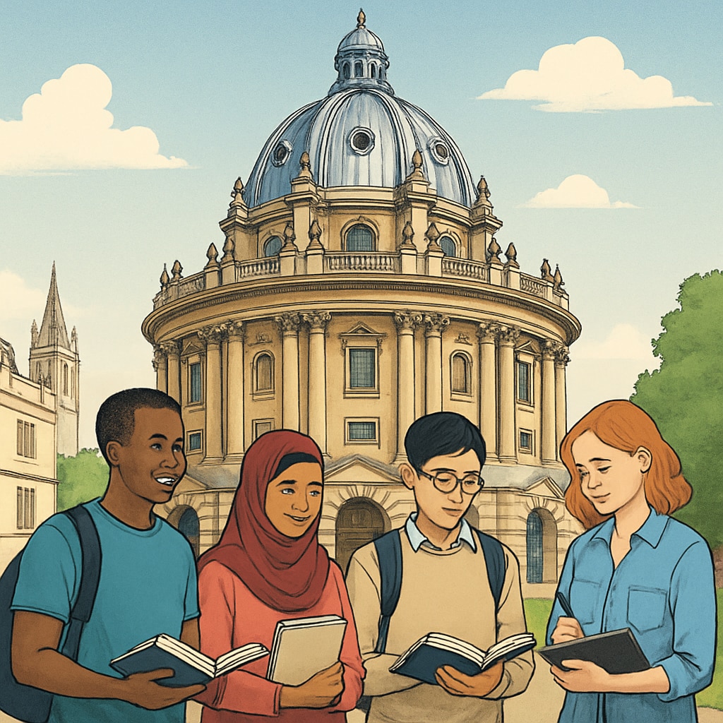 A symbolic photo of Oxford University’s iconic Radcliffe Camera with diverse students in the foreground, representing diversity and inclusion in education. Oxford University’s Radcliffe Camera with diverse students, symbolizing international student challenges.