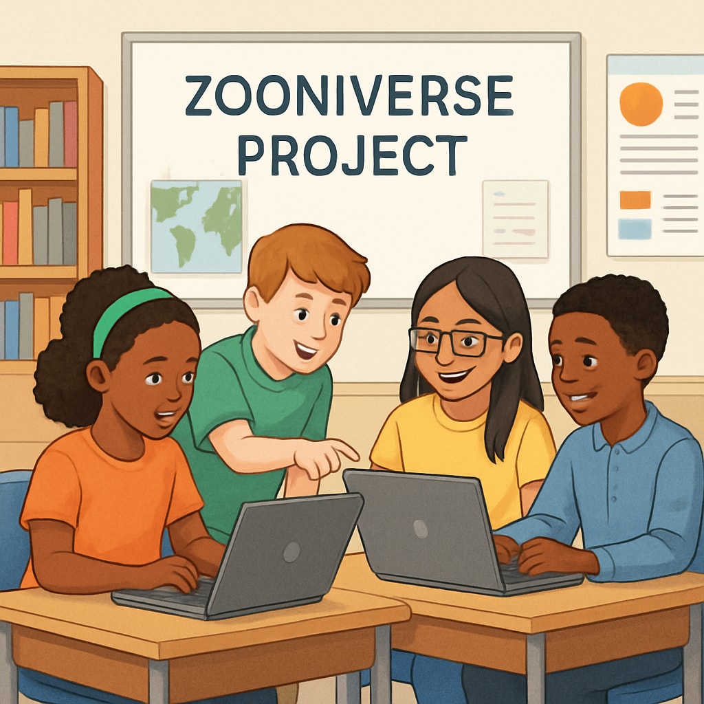 A group of diverse K12 students working on a Zooniverse project together on laptops in a classroom setting. K12 students collaborating on laptops for a Zooniverse citizen science project.