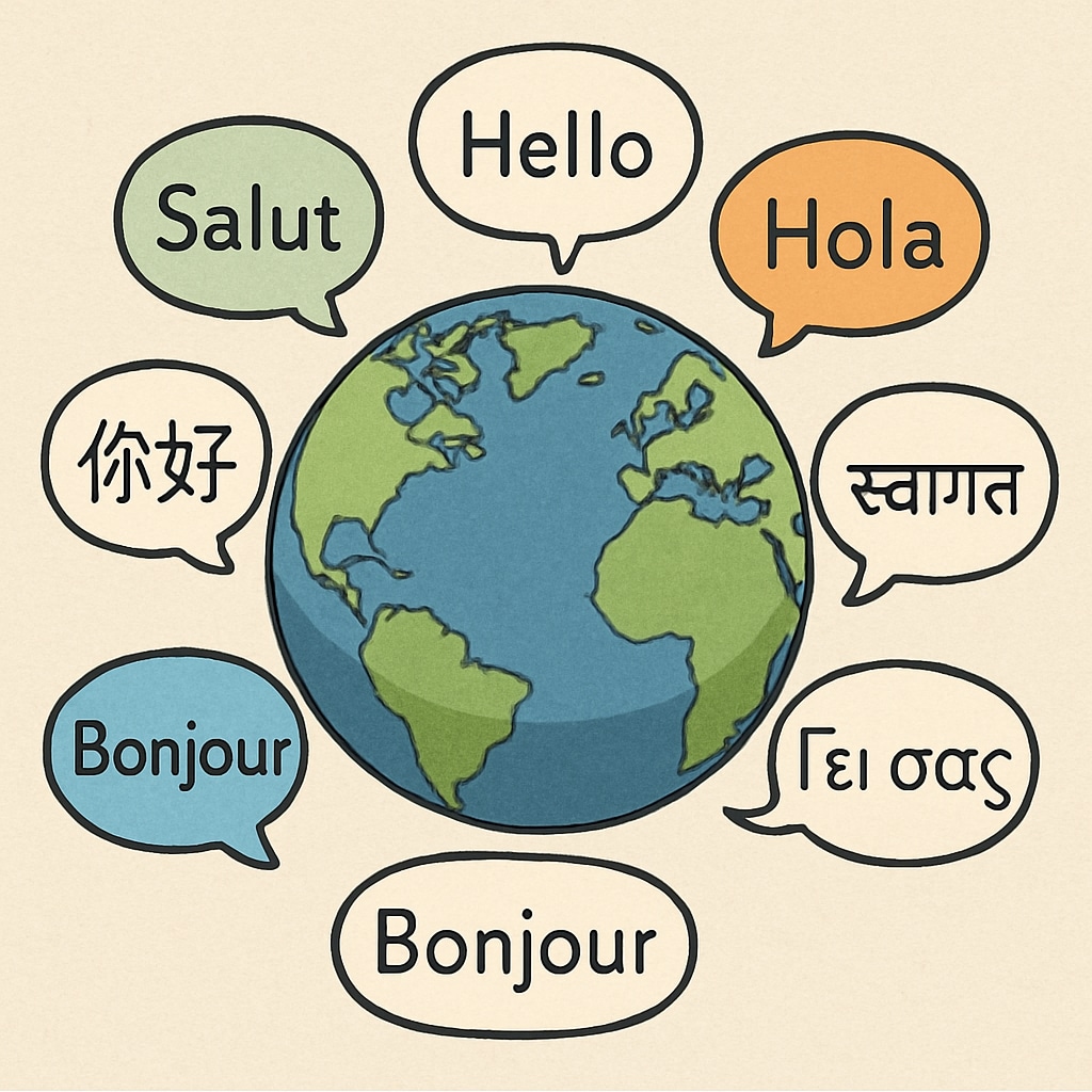 Visual representation of multilingual education with a globe and speech bubbles.