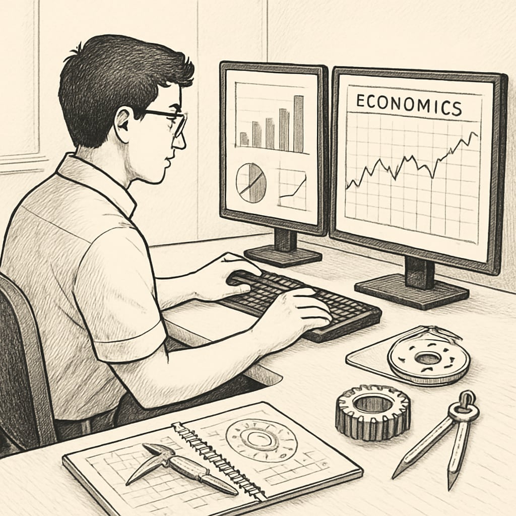 A mechanical engineering student analyzing data for an economics project on a dual-screen setup. Engineering student combining mechanical design and economics data analysis.