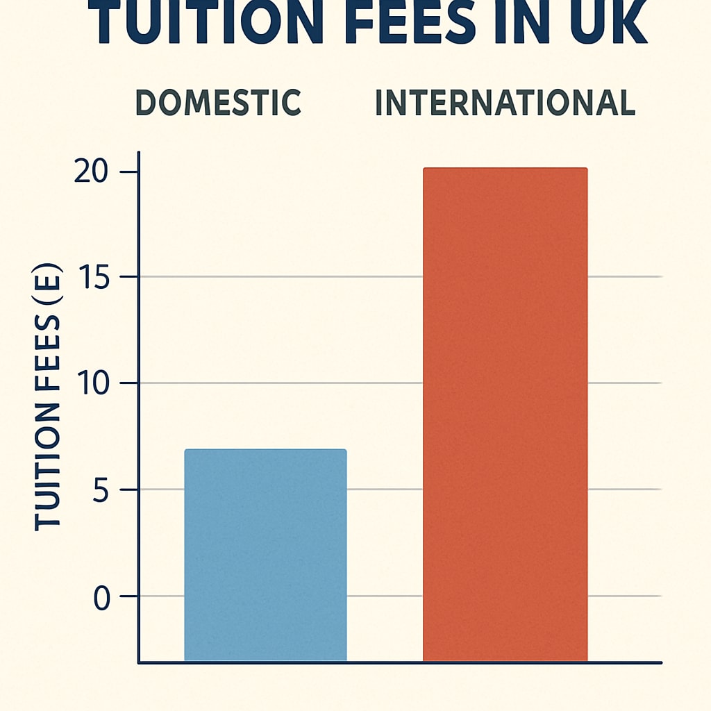 A financial chart illustrating the disparity between domestic and international tuition fees in the UK, emphasizing the financial burden on immigrant students. Chart showing the difference between domestic and international tuition fees in UK universities.