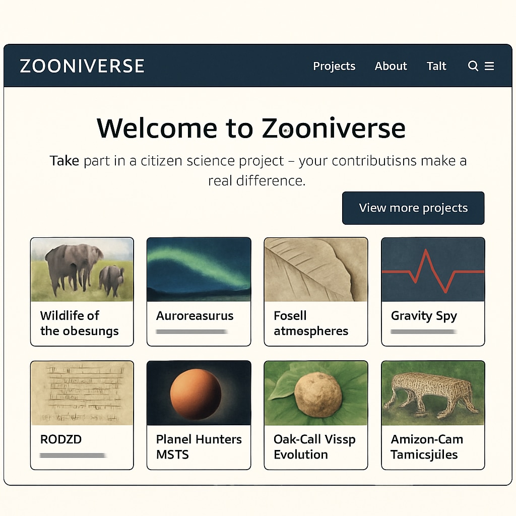 A screenshot of the Zooniverse website homepage showing various citizen science projects available to the public. Zooniverse homepage featuring a variety of citizen science projects.