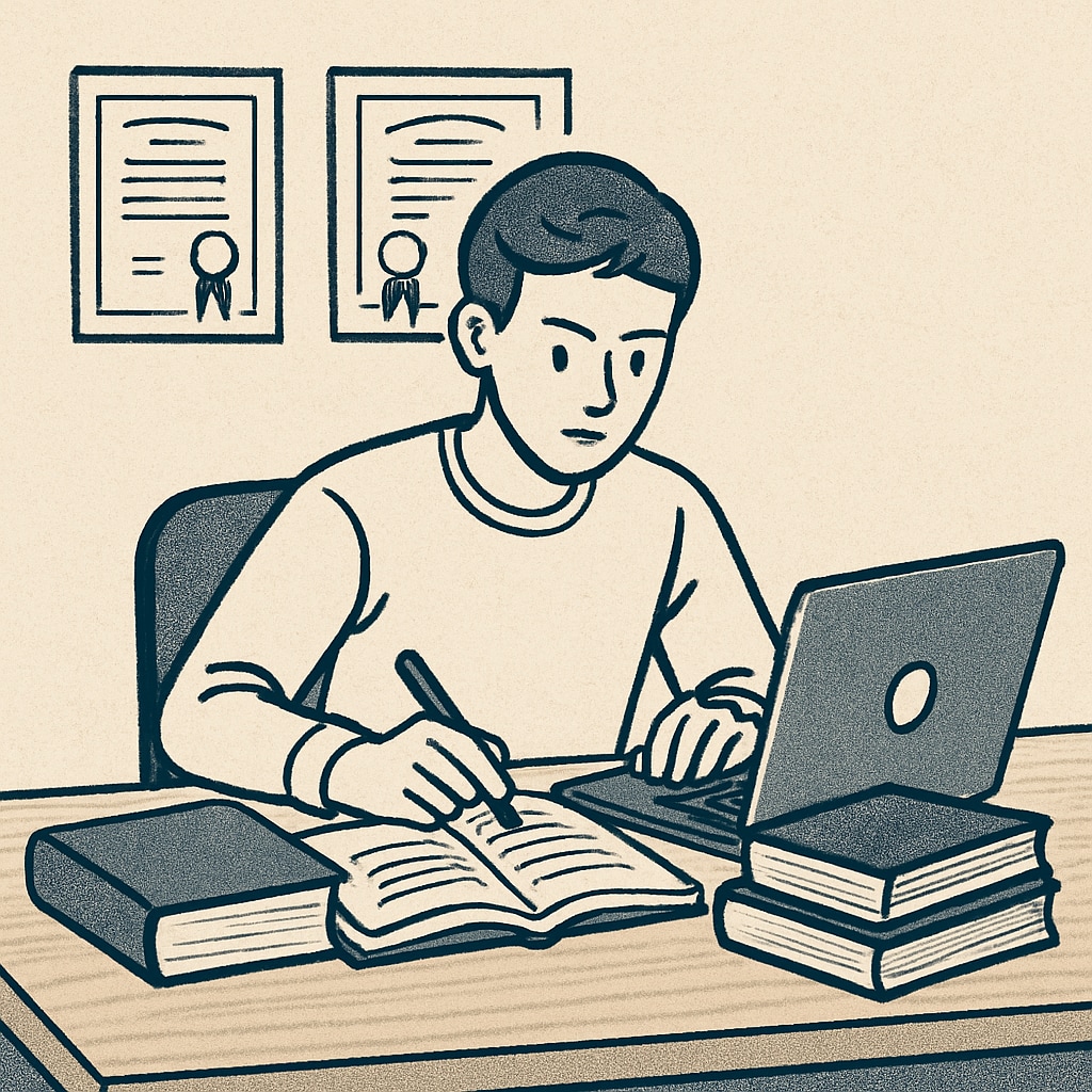 A student studying on a laptop, symbolizing multitasking and pursuing dual degrees. Student studying online for dual degrees in mechanical engineering and other fields.