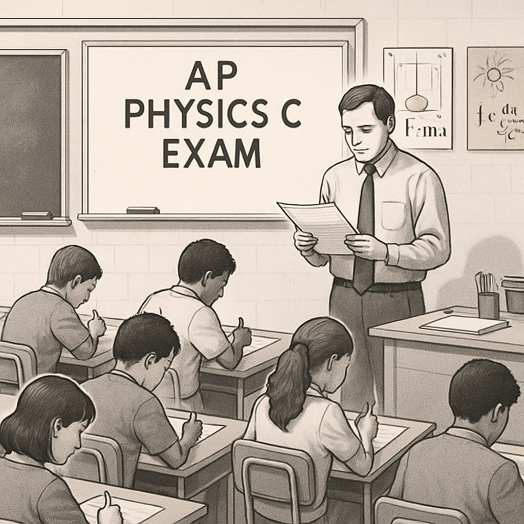 A high school classroom with students taking an AP Physics C exam, and a teacher reviewing test questions at the front of the room. High school students taking an AP Physics C exam while the teacher reviews test materials.