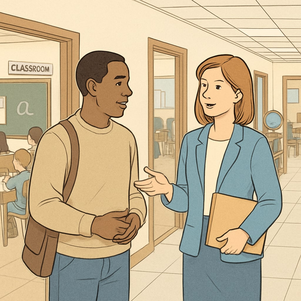 A parent touring a public elementary school, speaking with a teacher or administrator about the school’s programs and facilities. Parent discussing school facilities and programs with a teacher or administrator during a school visit.