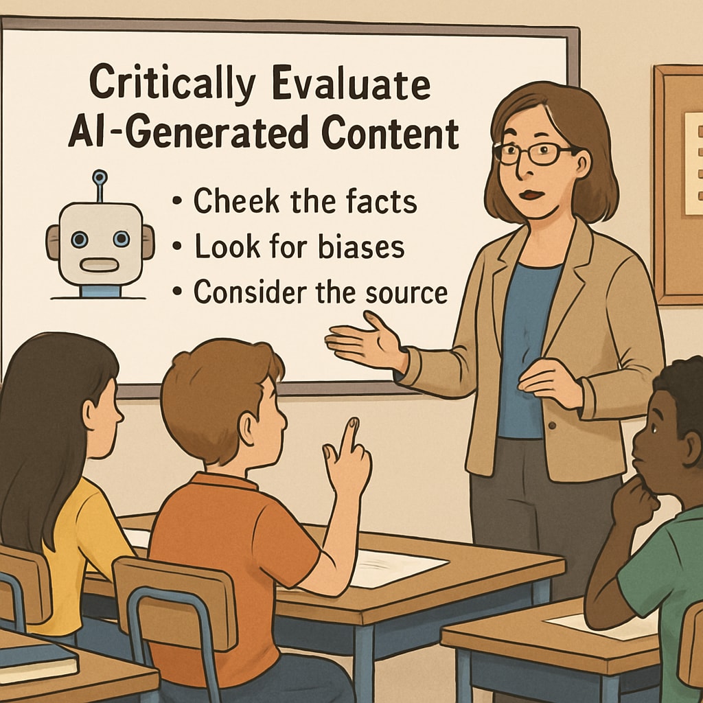 A classroom setting where a teacher is guiding students on how to critically evaluate AI-generated content. Teacher helping students critically evaluate ChatGPT content in class.