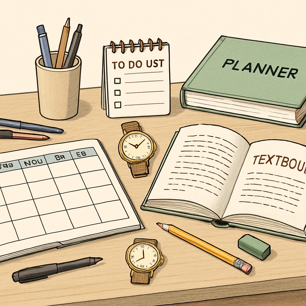 A well-organized study desk with planners and textbooks, representing efficient time management. Study desk showing time management tools for dual degree students.