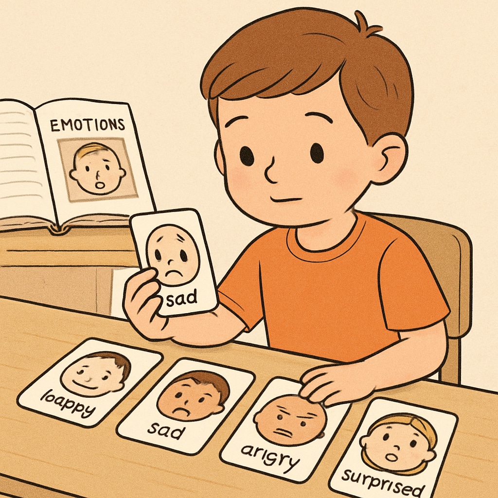 A child engaging in an emotional learning activity, such as identifying emotions on flashcards. A child learning about emotions through a hands-on activity, demonstrating emotional education.