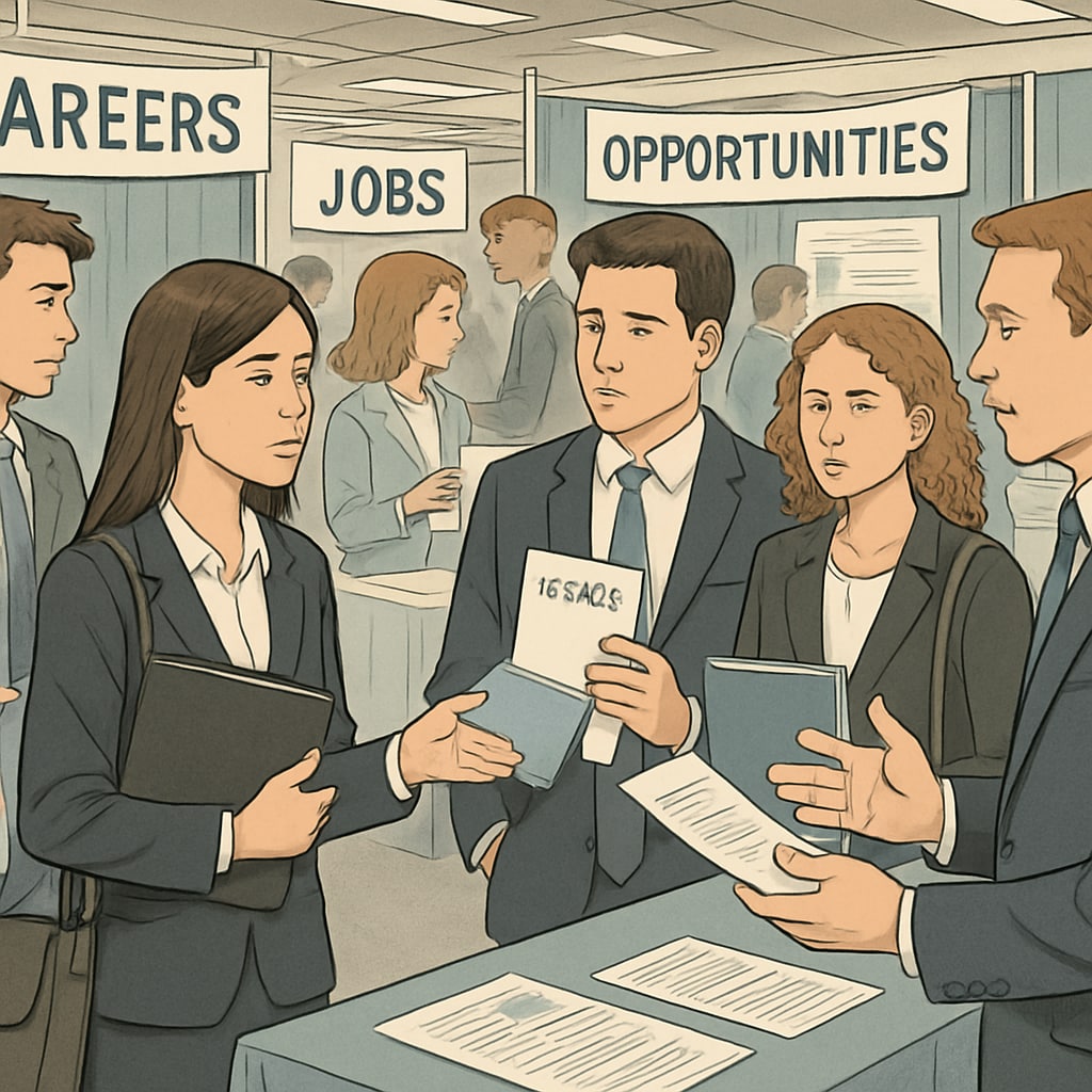 A group of fresh graduates attending a bustling job fair, highlighting the challenges of finding employment despite academic success. Graduates at a job fair, symbolizing the gap between academic achievements and employment opportunities.