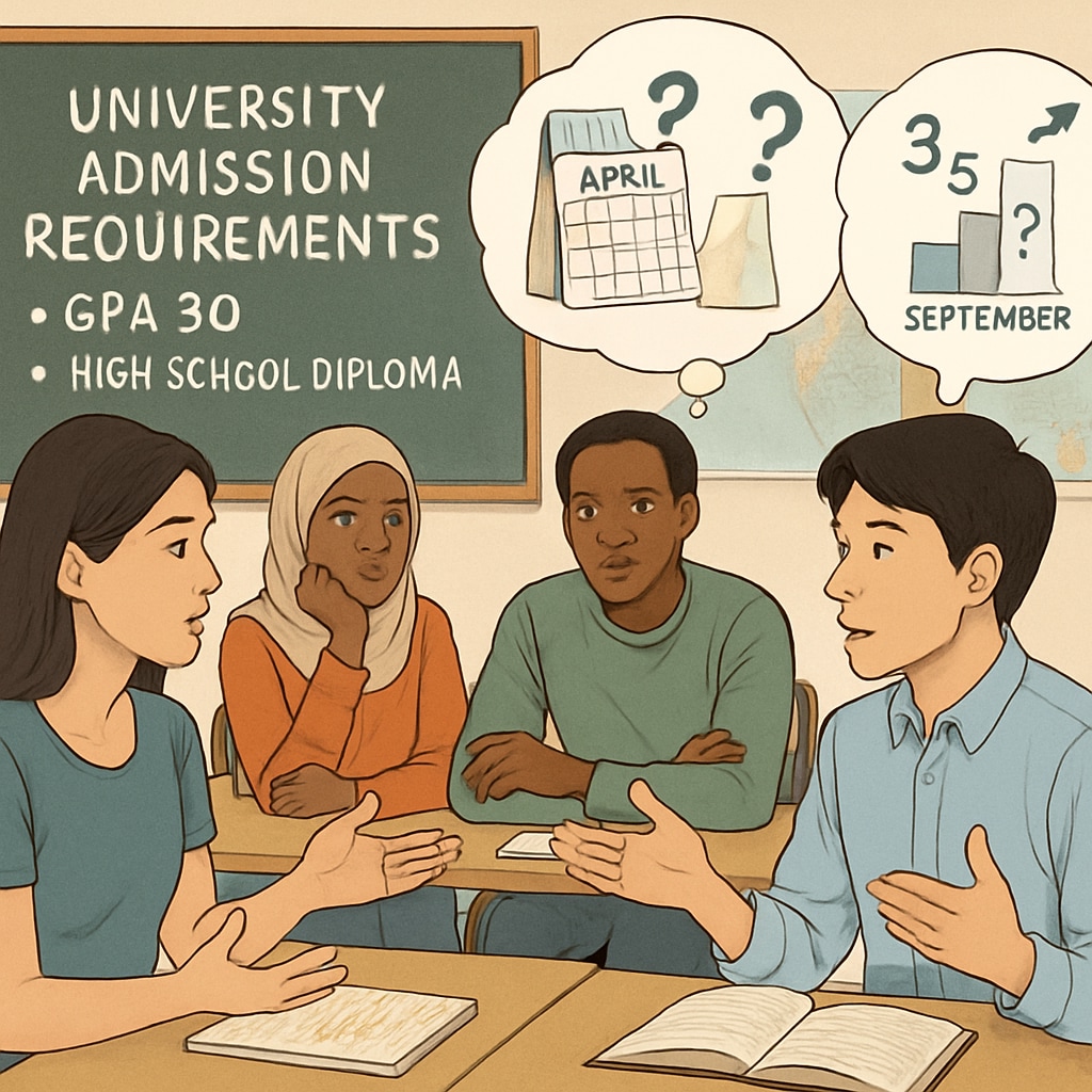 A classroom setting showing international students discussing university admission requirements, highlighting the challenges faced due to education year differences. International students discussing education year requirements for EU university admission
