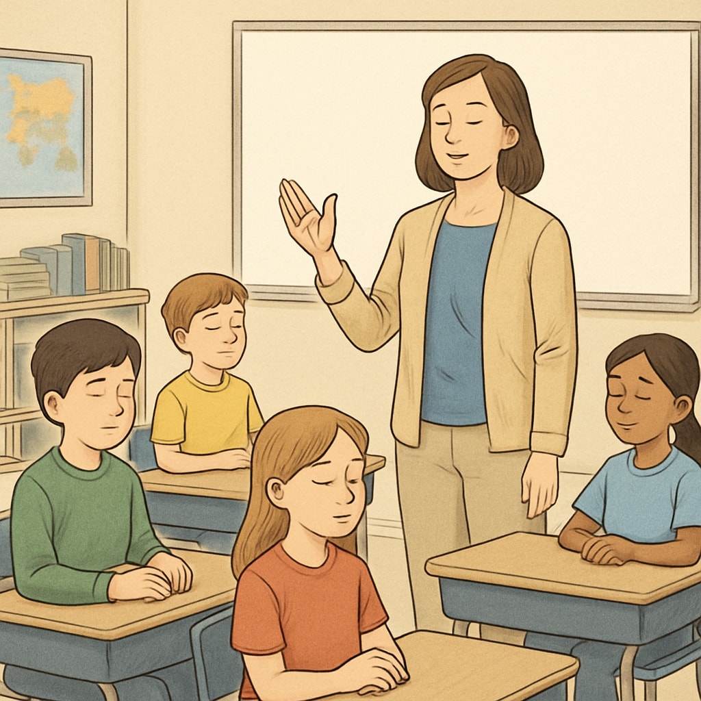 A teacher guiding students through a mindfulness exercise in a classroom setting. A teacher leading children in a mindfulness activity to support emotion management and learning.