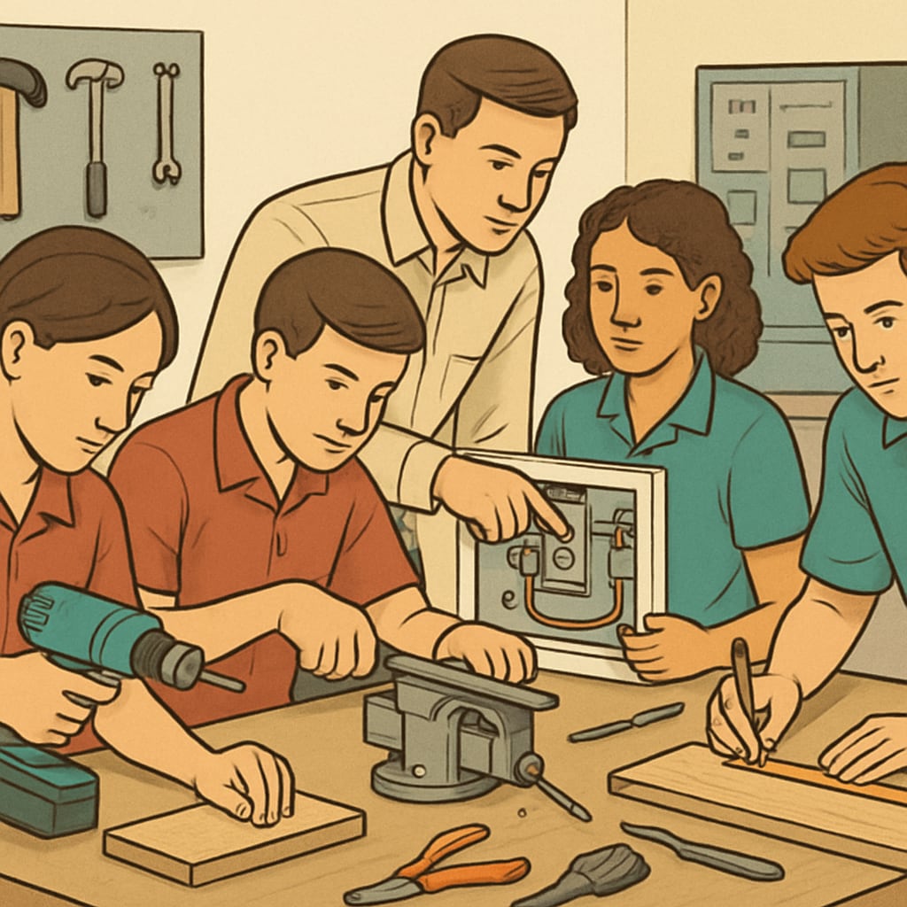 Students engaged in a vocational training session, demonstrating the importance of practical education in modern curricula. Students in vocational training, emphasizing the value of hands-on learning for career readiness.