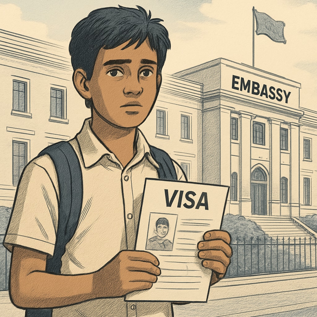 A student holding visa documents outside an embassy, illustrating the visa challenges caused by education system disparities. Student holding visa documents outside an embassy building