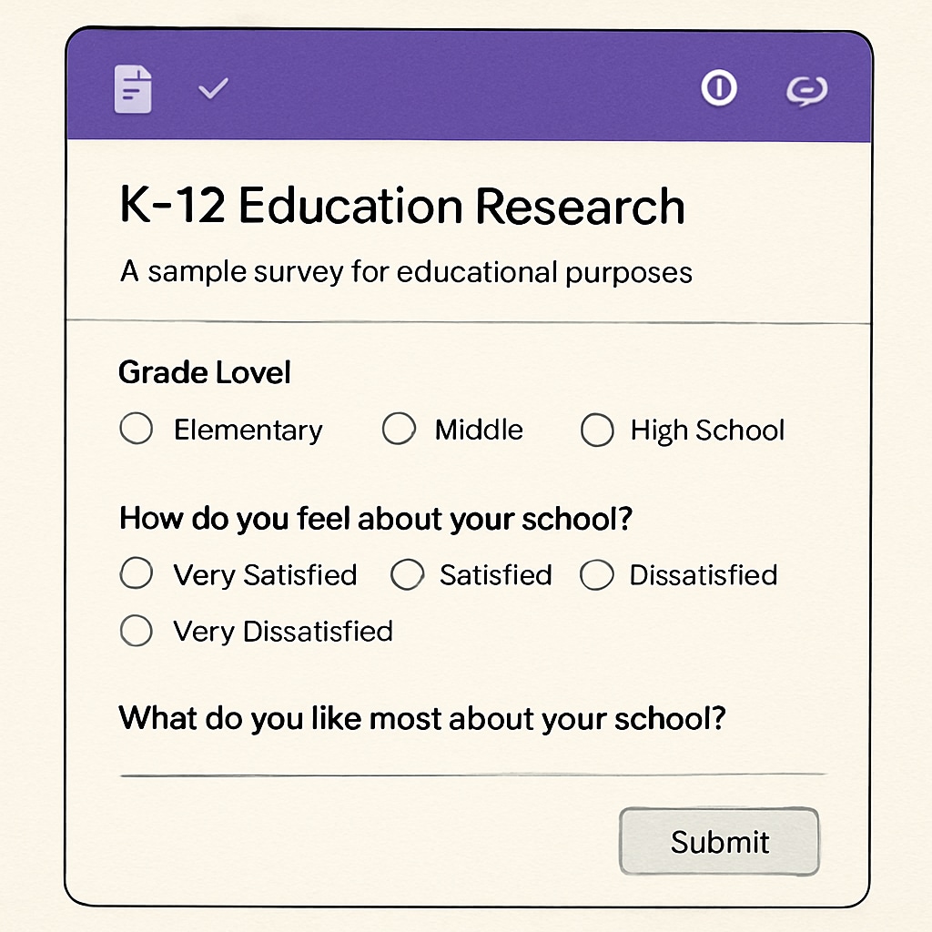 A screenshot of Google Forms interface showcasing a sample survey designed for K12 education research. Google Forms interface for K12 education data collection.