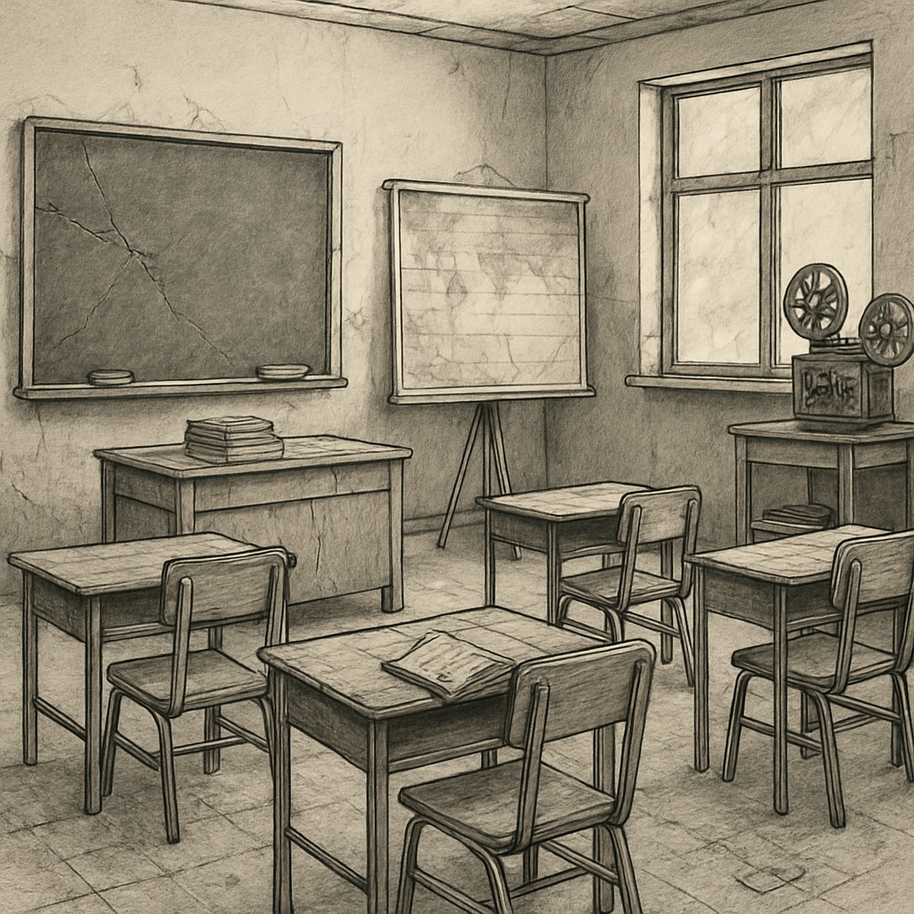 A neglected school building with outdated equipment, highlighting the importance of adequate resources in public schools. Neglected public school building lacking adequate resources.