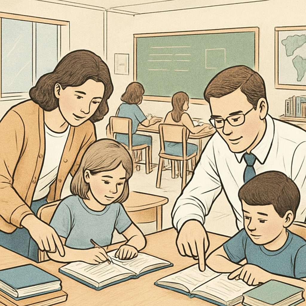 A classroom environment where teachers are providing one-on-one academic support to students. Teachers providing academic support, a key trait of K12 institutions.