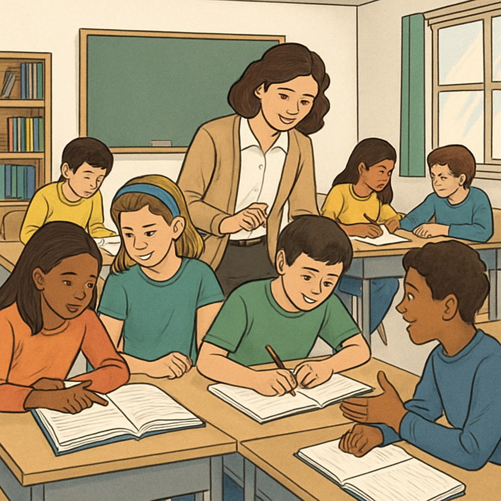 A group of diverse students engaged in collaborative learning activities in a classroom. Diverse students collaborating, showcasing inclusivity in K12 institutions.