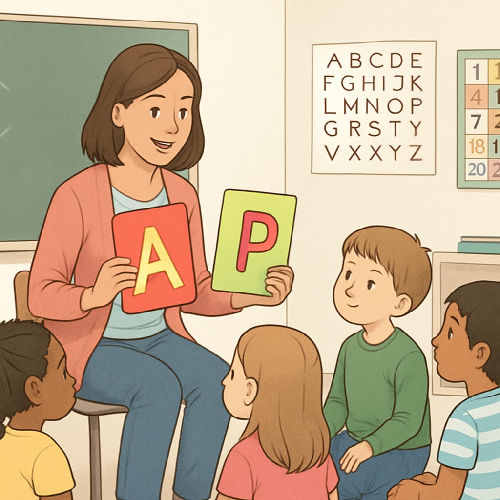 Teacher demonstrating phonics methods with flashcards.