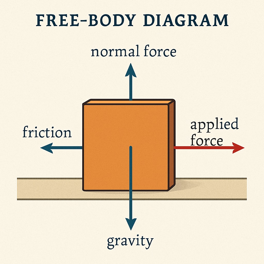 Visual learning aid for understanding physics concepts like free-body diagrams.