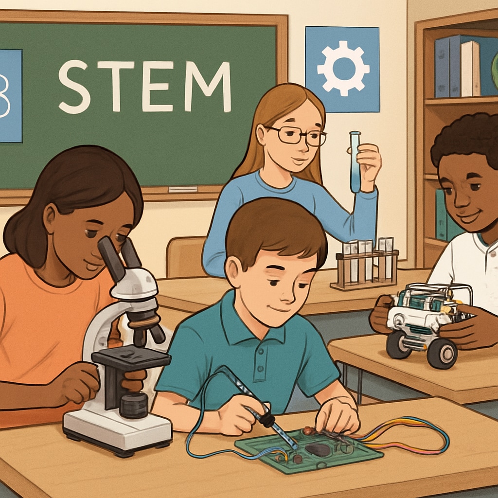 A classroom with STEM equipment and students learning in a hands-on laboratory environment. STEM classroom with students and laboratory equipment showcasing hands-on learning.