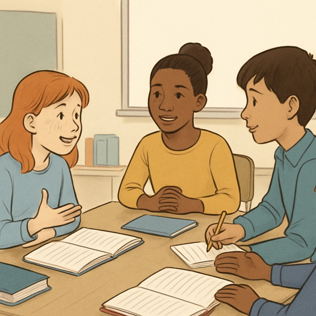 A classroom setting where students are engaged in a group discussion, emphasizing collaboration and empathy. Students in a classroom working together, demonstrating inclusivity and teamwork.