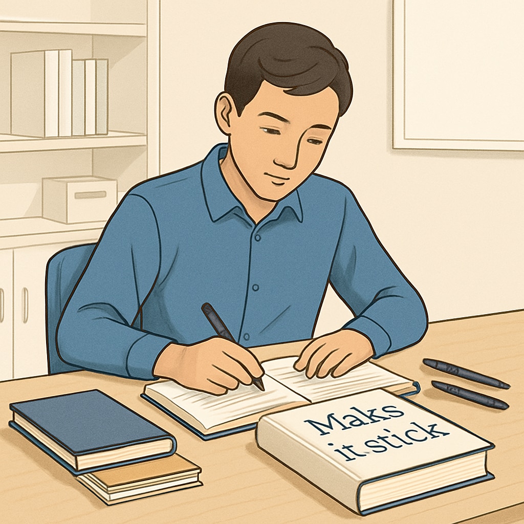 A detailed depiction of a student studying with a book titled Student studying with