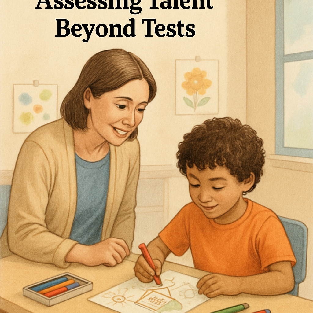 A teacher observing a child engaged in a creative drawing activity. The image represents alternative ways of assessing talent beyond traditional tests. Teacher observing a child engaged in a creative activity