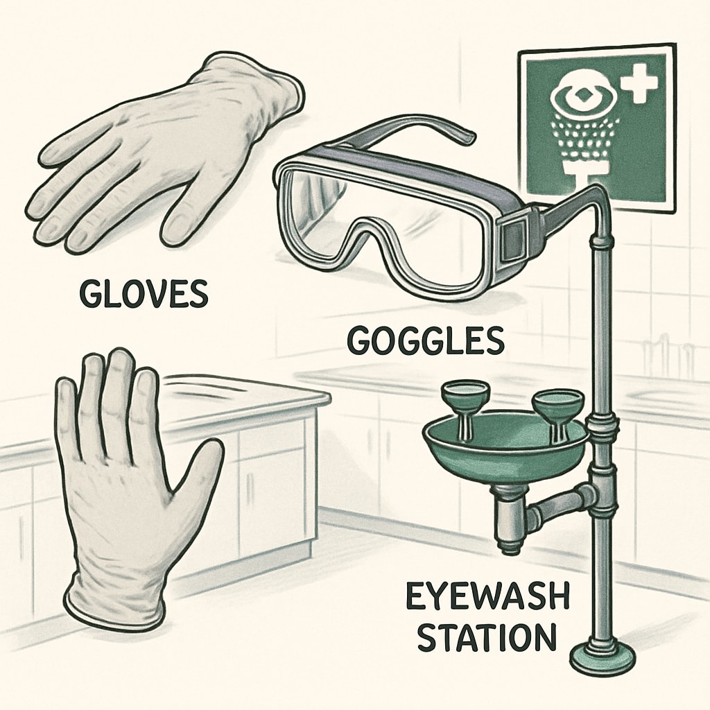 Laboratory safety equipment, including gloves, goggles, and an eyewash station, depicted in a professional setting. Essential laboratory safety equipment for STEM education environments.