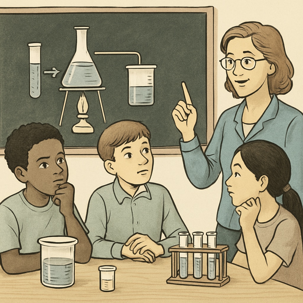 A teacher guiding students in a critical thinking exercise, such as analyzing a scientific experiment. A teacher encouraging students to think critically during a hands-on lesson.