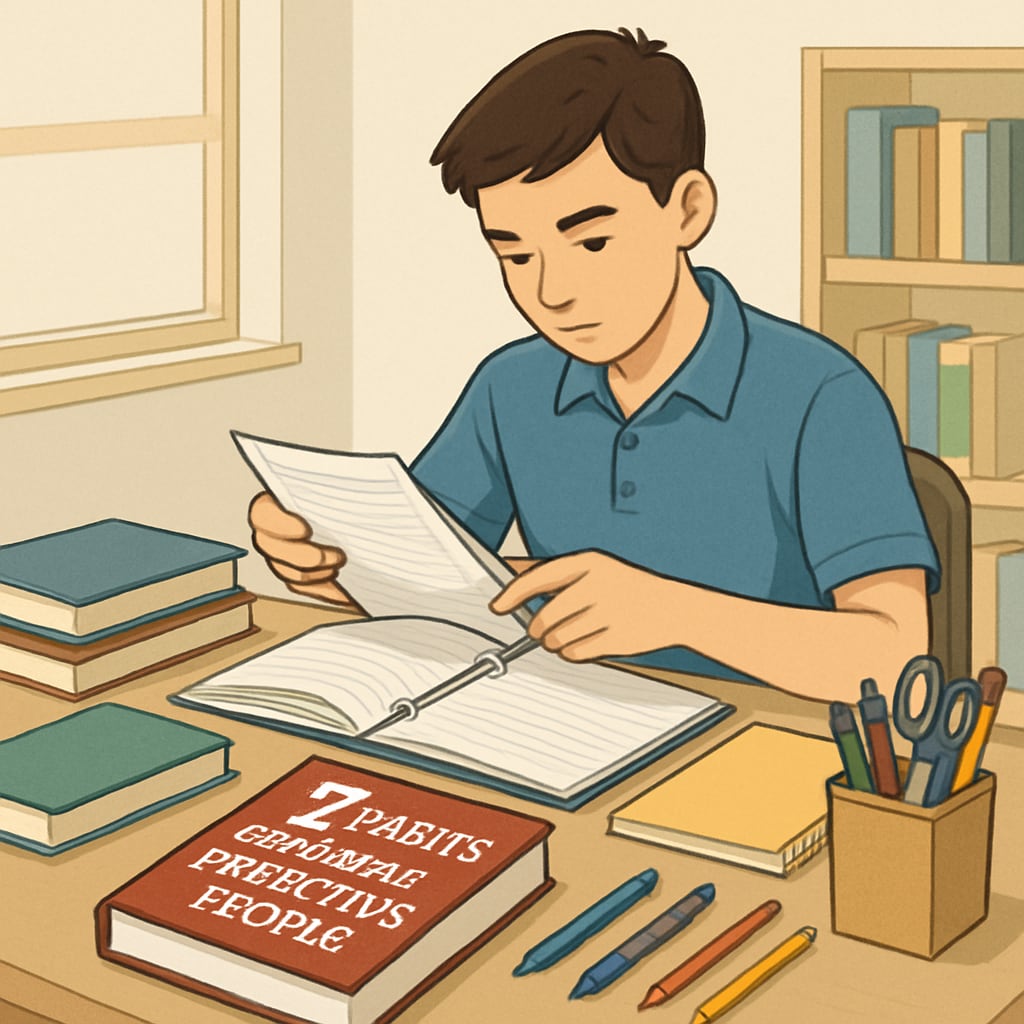 A motivational image showing a teenager organizing their study materials with Teen organizing study materials with