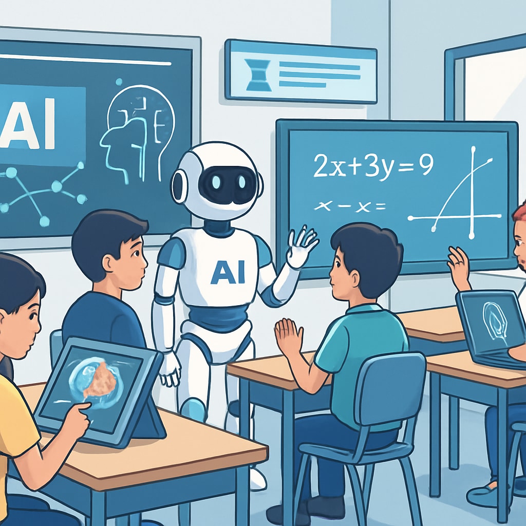 A futuristic classroom equipped with AI-driven learning tools, illustrating the integration of technology in K12 education. AI-driven classroom showcasing technology's role in K12 education.