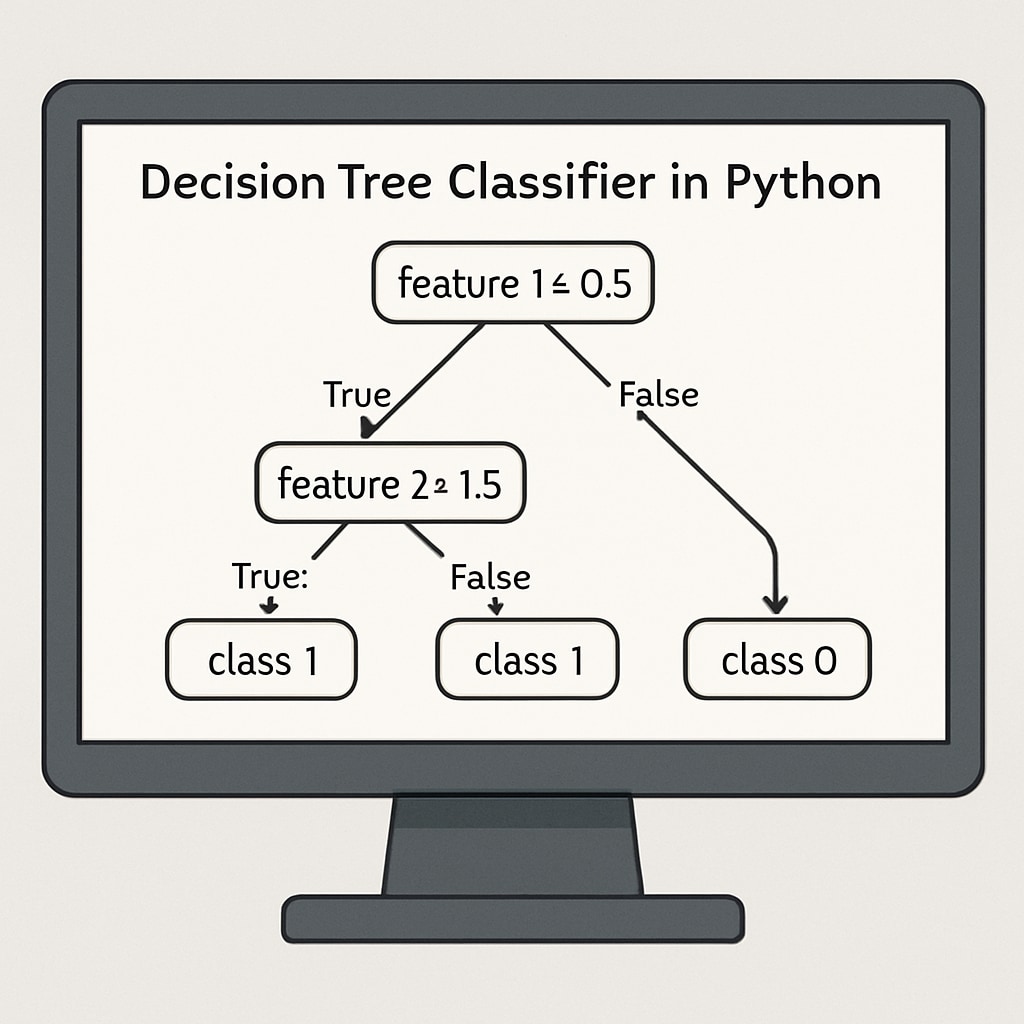 A computer screen displaying a visual representation of a decision tree classifier in Python; suitable for illustrating foundational algorithm projects. Visual representation of a decision tree classifier for AI foundational projects.
