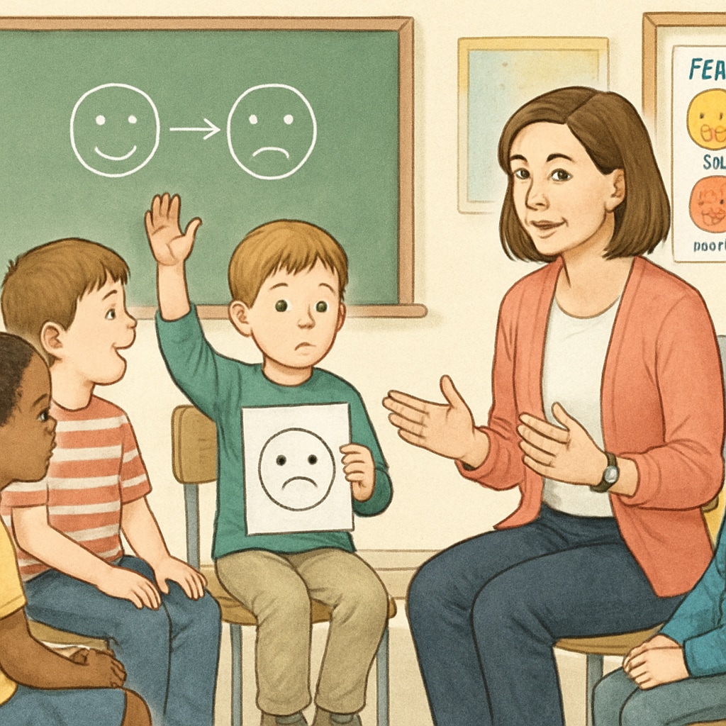 A classroom setting where children and a teacher are engaging in an emotional learning activity such as role-playing or discussing feelings. Classroom emotional education activity involving children and a teacher