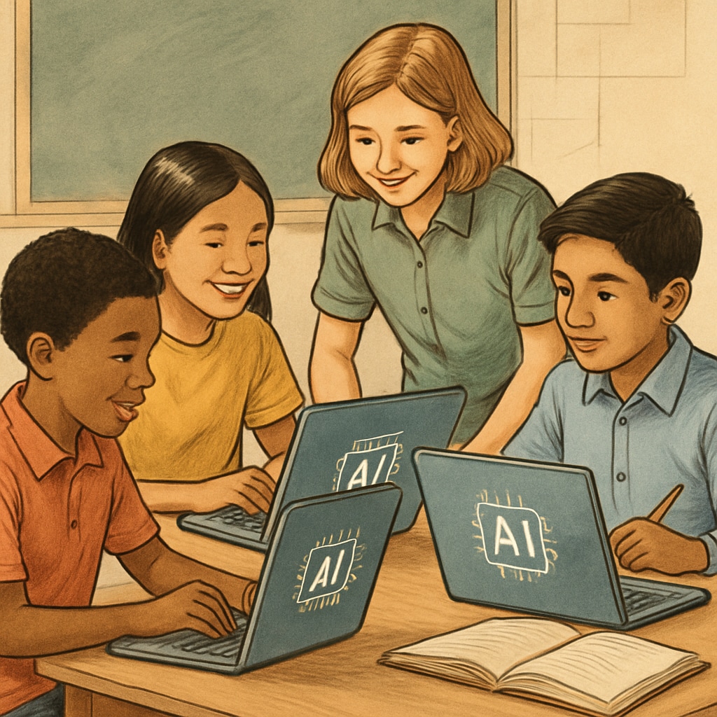 A diverse group of students using AI-powered learning devices, symbolizing global collaboration in education. Diverse students using AI tools to collaborate globally in education.