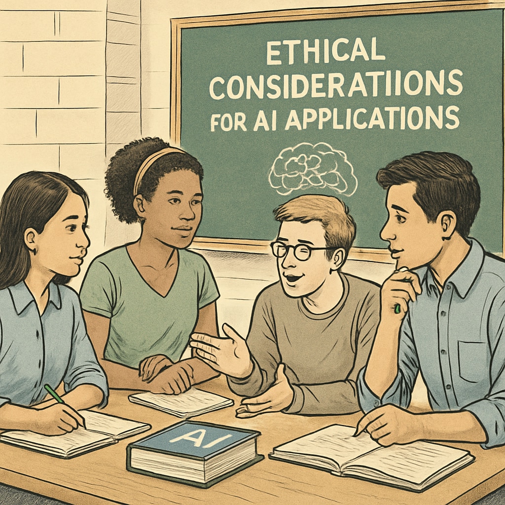 Students collaborating in a classroom setting, brainstorming ethical considerations for AI applications; ideal for depicting interactive teamwork in AI courses. Students discussing ethical considerations in AI applications during a collaborative project.