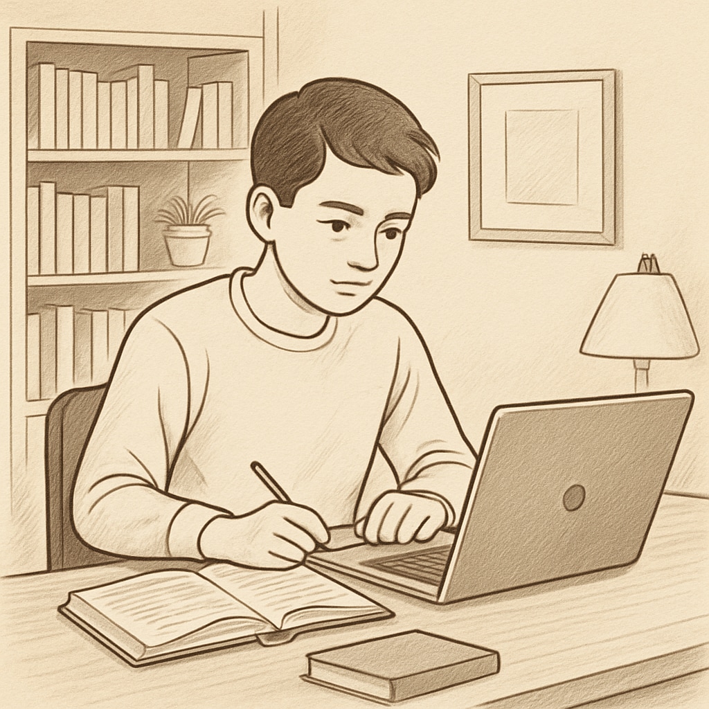 A student studying on a laptop in a quiet home environment, symbolizing the flexibility of online learning. A student working on a laptop at home, representing Khan World School’s online learning flexibility.