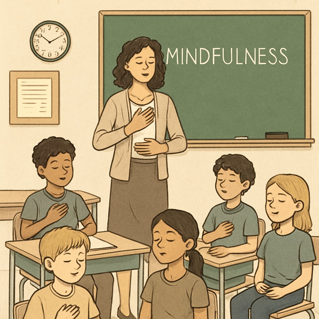 A teacher practicing mindfulness exercises with students, such as guided breathing or meditation in a classroom. Teacher guiding students in mindfulness as part of emotional control education