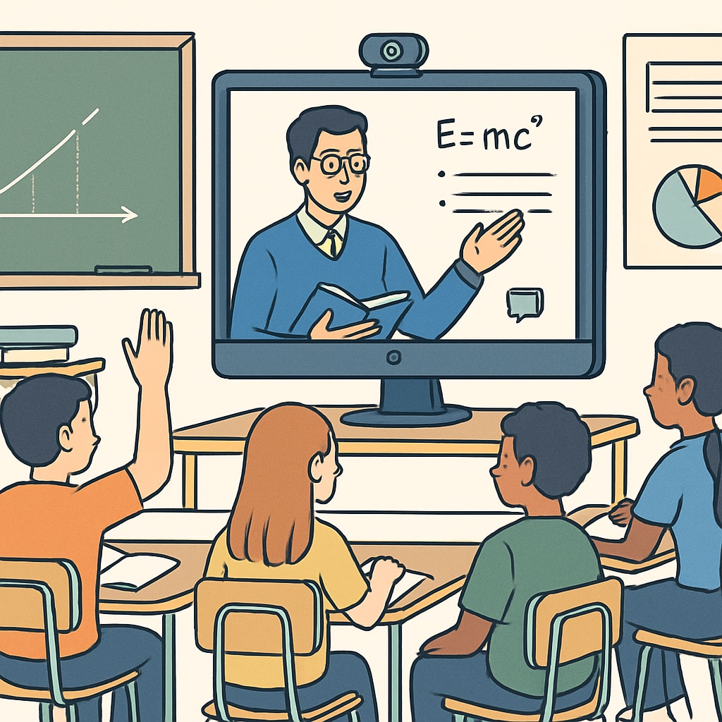 A virtual classroom setup with students participating in an online lecture, showcasing the interactive nature of the program. An online lecture with students engaging virtually, representing the Khan World School-ASU program’s interactivity.