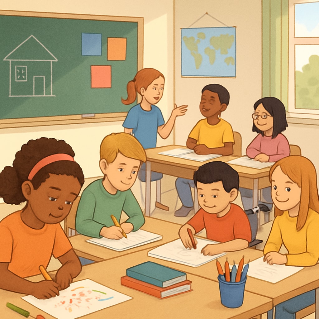 A classroom setting showing students engaged in creative activities, emphasizing diverse learning styles and inclusivity. Students in a classroom participating in creative and inclusive learning activities.