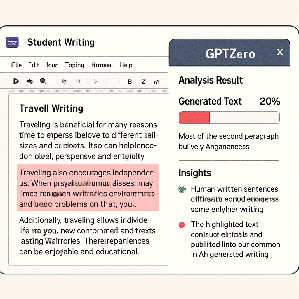 A screenshot of GPTZero analyzing a student’s writing in Google Docs, highlighting AI-generated sections and providing detailed insights. GPTZero tool analyzing student writing in Google Docs for academic integrity monitoring.