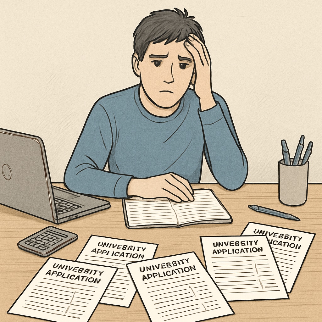 A student sitting at a desk surrounded by university application forms and a laptop, looking stressed. A stressed student surrounded by university application materials and a laptop.