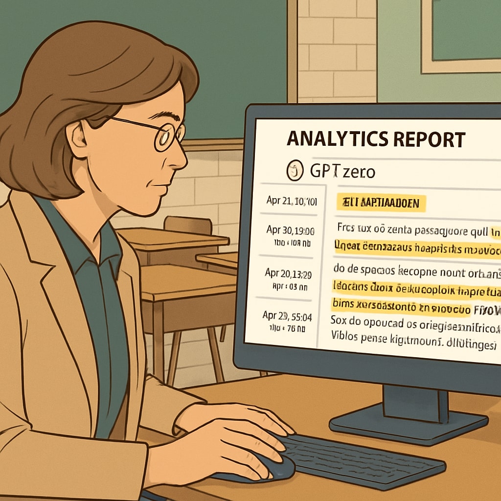 A teacher reviewing GPTZero’s analytics report, showing timestamps and flagged AI-generated text in a student’s document. Teacher assessing GPTZero analytics to ensure academic integrity in Google Docs.