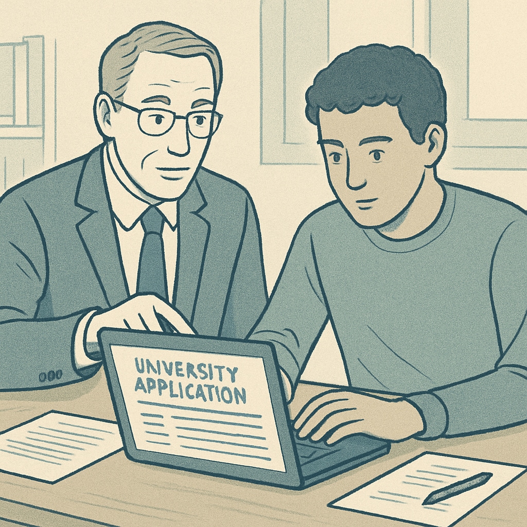 A mentor guiding a student through a university application form on a laptop. A mentor assisting a student with a university application on a laptop.