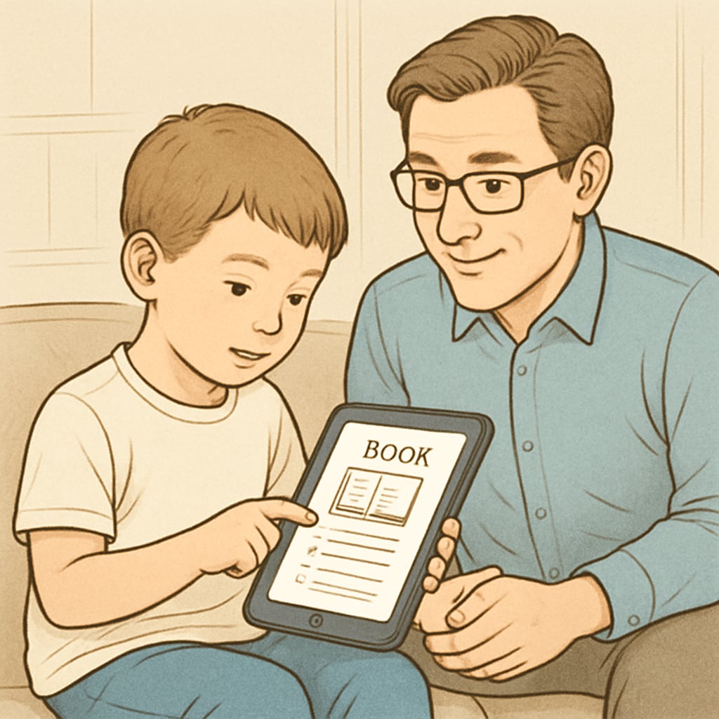 A young child reading a digital book on a tablet while a parent observes, symbolizing the concept of interactive learning. Child using a children's reading app with parental engagement.