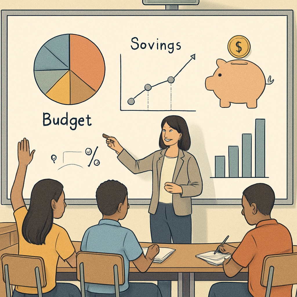 Financial literacy classroom with students learning budgeting and saving.