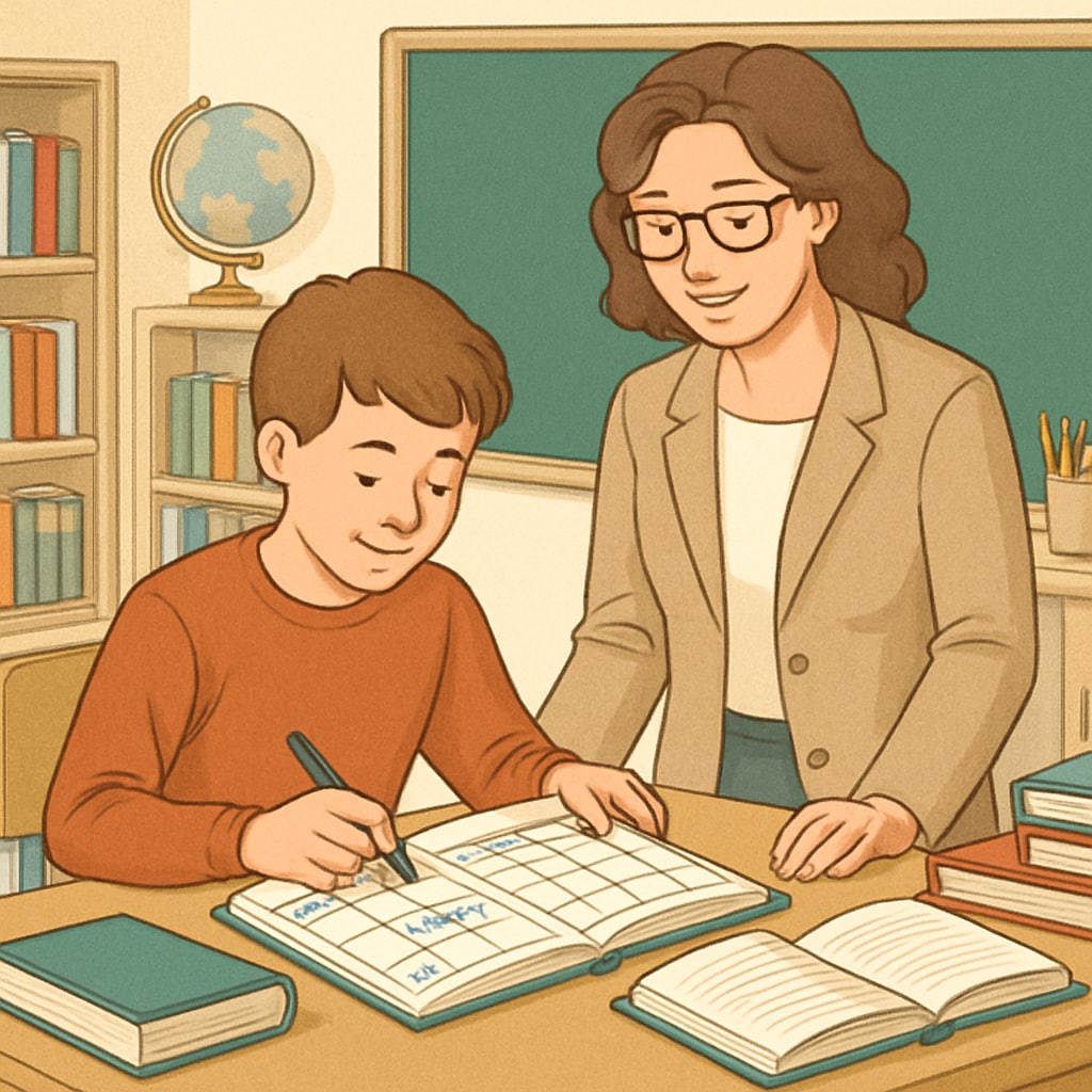 Student using planner for time management in school.