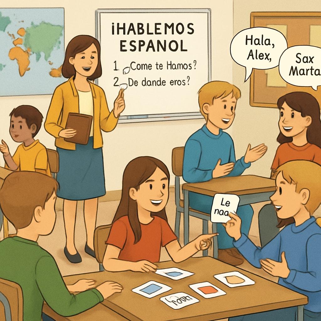 Classroom of students learning Spanish with interactive activities.